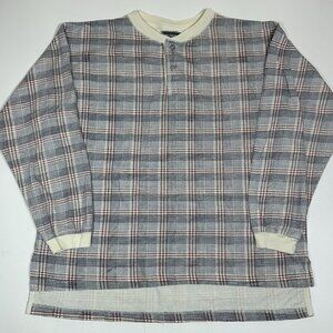 Vtg Basic Equipment Clothing Men Henley Shirt Gray Plaid Long Sleeve Sz L ? Flaw